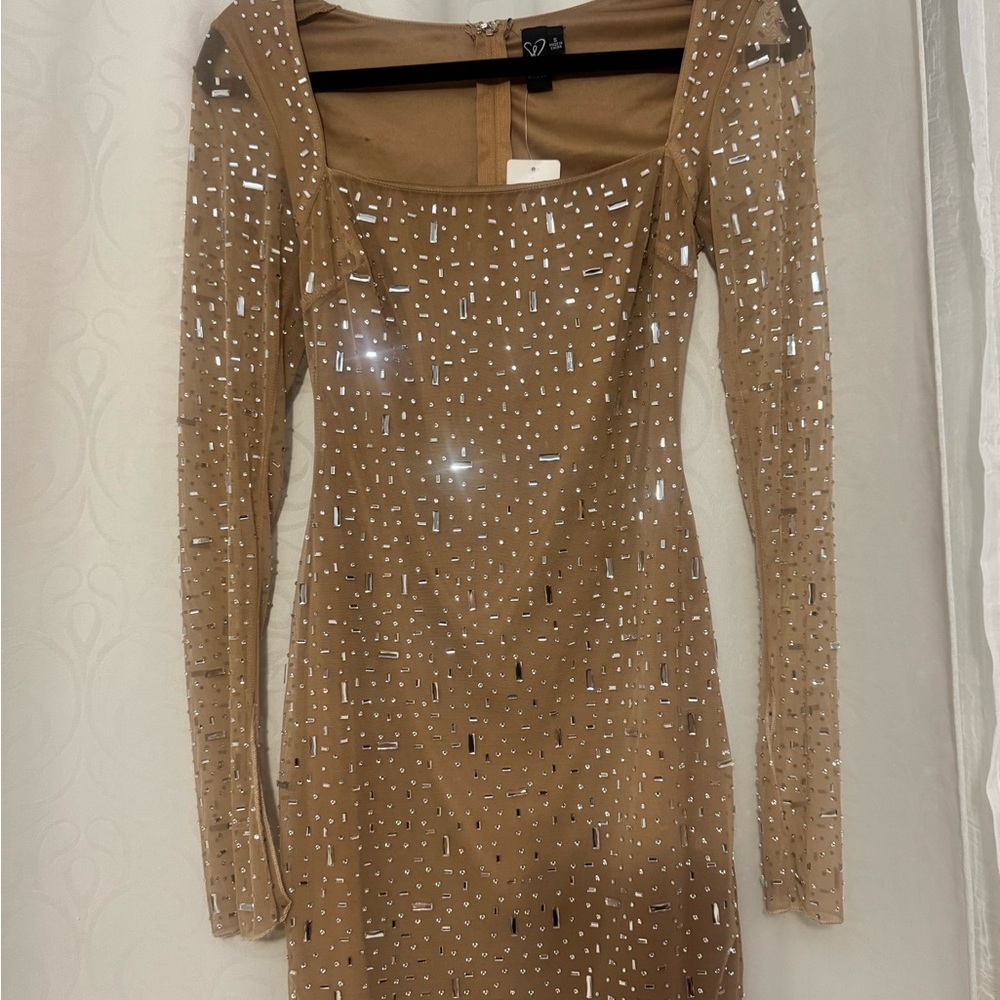 Windsor Tan embellished Long Sleeve Dress